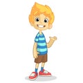 Cute blonde boy waving and smiling. Vector cartoon illustration of a teenager in a striped blue t-shirt presenting