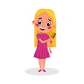 Cute Blonde Girl Brushing her Long Hair, Good Kids Behavior and Habits Cartoon Style Vector Illustration
