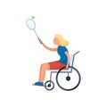 Cute blonde girl with disability in wheelchair play tennis