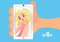 Cute blonde girl doing selfie. Flat cartoon vector illustration with lettering