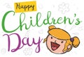 Happy Blond Haired Girl with Doodles Celebrating Children`s Day, Vector Illustration