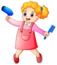 Cute blonde girl hairdresser with comb and hairdryer