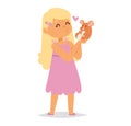 Cute blonde girl in pink dress holding a brown mouse with love. Child showing affection to small rodent pet. Friendship