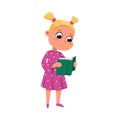 Cute Blonde Girl Reading Book while Standing, Preschooler Kid or Elementary School Student Enjoying Literature Cartoon