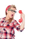 Cute Blonde Girl shouting at phone Royalty Free Stock Photo