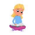 Cute Blonde Girl Sitting on Floor with Crossed Legs and Reading Book, Preschooler Kid or Elementary School Student