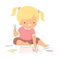 Cute Blonde Girl Sitting on the Floor and Drawing Picture with Colorful Pencils, Adorable Young Artist Cartoon Character Royalty Free Stock Photo
