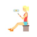 Cute blonde girl sitting and sending smiling emoji. Online dating service or website concept. People finding love