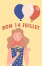 A cute blonde girl smiles and holds a bouquet of roses and balloons in the colors of the French flag.