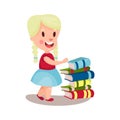 Cute blonde girl standing next to a pile of books, education and knowledge concept, colorful character Illustration