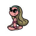 Cute blonde girl in sunglasses in pink swimwear take sunbath