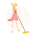 Cute blonde girl washes the floor with a mop in a pink apron.