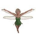 Cute blonde haired fairy flying towards the viewer with arms outstretched. Isolated 3D illustration