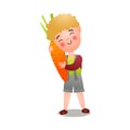 Cute blonde happy boy is ready for eat fresh carrot