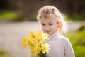 cute blonde happy little girl with yellow daffodils in the spring country Royalty Free Stock Photo