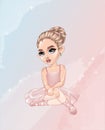 cute blonde little ballerina sitting in pink dress