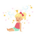 Cute blonde little girl sitting and dreaming about princess, kids imagination and fantasy, colorful character vector