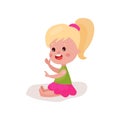 Cute blonde little girl sitting on the floor, kid learning and playing colorful cartoon vector Illustration