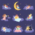 Cute Blonde Little Girl Sitting and Lying on Clouds at Night and Reading Books Collection Vector Illustration Royalty Free Stock Photo