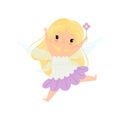 Cute Blonde Little Winged Fairy, Beautiful Flying Girl Character in Fairy Costume with Magic Wand Vector Illustration