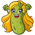 Cute blonde pickle girl cartoon character giving an enthusiastic cheer with her fists in the air