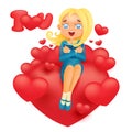 Cute blonde teenage girl cartoon character sitting on heart