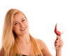 Cute blonde woman drinks a glass of red wine isolated over white Royalty Free Stock Photo