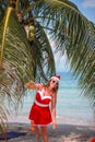 Cute blonde woman in red dress, sunglasses and santa hat stands at palm tree on exotic tropical beach. Holiday concept Royalty Free Stock Photo