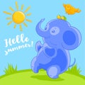 Cute blue baby elephant and the pretty bird in cartoon style happy summer on the green lawn.