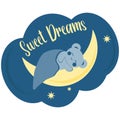 Cute blue bear in kawaii style sleeps under a blanket on the moon. Minimalist card, sticker with sweet dreams inscription Royalty Free Stock Photo