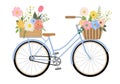 Cute blue bicycle with flowers in basket and crate Royalty Free Stock Photo