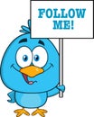 Cute Blue Bird Cartoon Character Holding Up A Blank Sign Royalty Free Stock Photo