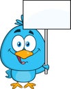 Cute Blue Bird Cartoon Character Holding Up A Blank Sign Royalty Free Stock Photo