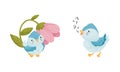 Cute Blue Bird Singing Song and Sitting Near Flower Vector Set.