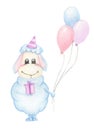 Cute blue cartoon character lamb with balloons and gift box