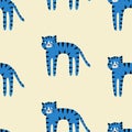 Cute blue cat hand drawn vector illustration. Funny animal character seamless pattern for kids. Royalty Free Stock Photo