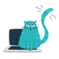 Cute blue cat sitting on a laptop cartoon vector icon illustration. Animal technology icon concept isolated premium vector Royalty Free Stock Photo