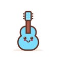 Cute blue classic wooden guitar cartoon comic character with smiling face happy emoji kawaii style acoustic musical