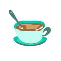 Cute blue cup of hot drink coffee,chocolate,cacao,cappuccino with a spoon. Royalty Free Stock Photo