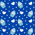 Cute blue cupcake with anchor seamless pattern