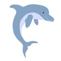 Cute blue dolphin smiles Isolated on a white background. Sea animal symbol of kindness in the world of fish. Swimming, surfing,