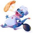 Cute blue dragon chef cooking pancakes fiery breath. Maslenitsa carnival Shrovetide holiday