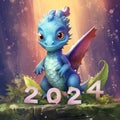 A cute blue dragon with number 2024 seating in the rays of the sun