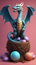 cute blue dragon sitting up in a nest with eggs around it ai created