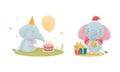 Cute Blue Elephant Character Holding Gift Box and Blowing Candles on Birthday Cake Vector Set