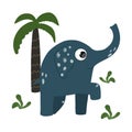 Cute blue elephant with a palm tree. Vector children`s illustration. Isolated on white Royalty Free Stock Photo