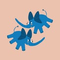 Cute blue elephants with funny eyes. Isolated safari animals on a pink background.