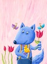 Cute blue fox holds the bird and the flower