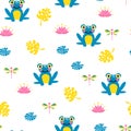 Cute blue frogs seamless vector pattern. Royalty Free Stock Photo