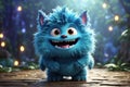 Cute blue furry monster 3D cartoon character. ai generative Royalty Free Stock Photo